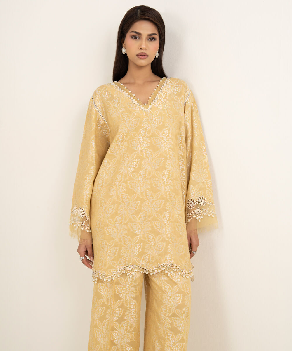 Women's RTW Zari Jacquard Embroidered Yellow 2 Piece Suit