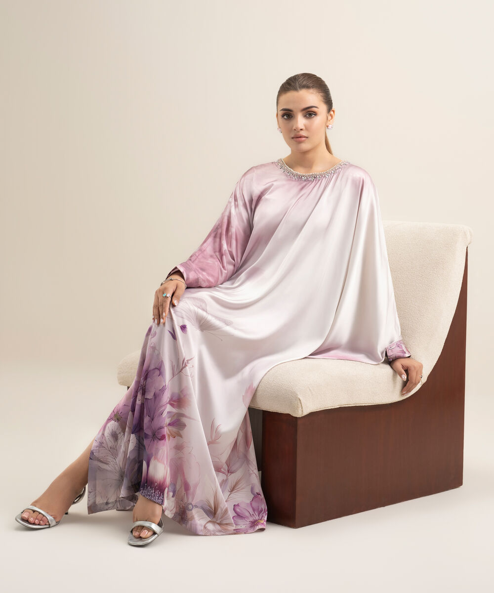 Women's RTW Blended Satin Printed Purple 2 Piece Suit