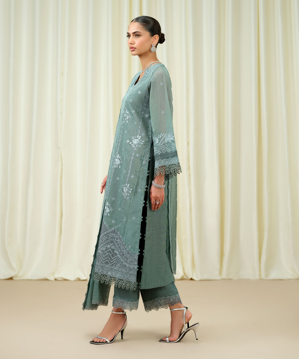 Women's Unstitched Muslin Embroidered Green 3 Piece Suit