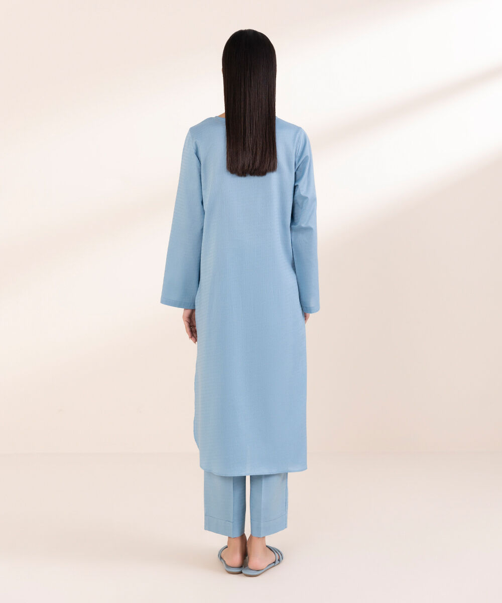 Women's Pret Dobby Blue Solid A-Line Shirt