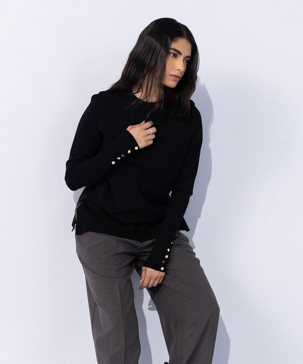 Woman - Black Lightweight Sweater with Gold Buttons