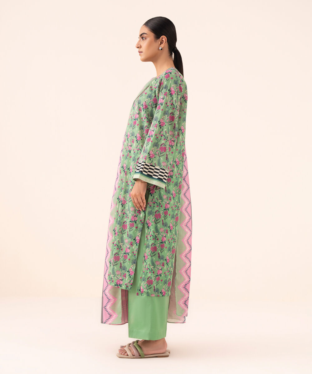 Women's Unstitched Cotton Printed Green Three Piece Suit