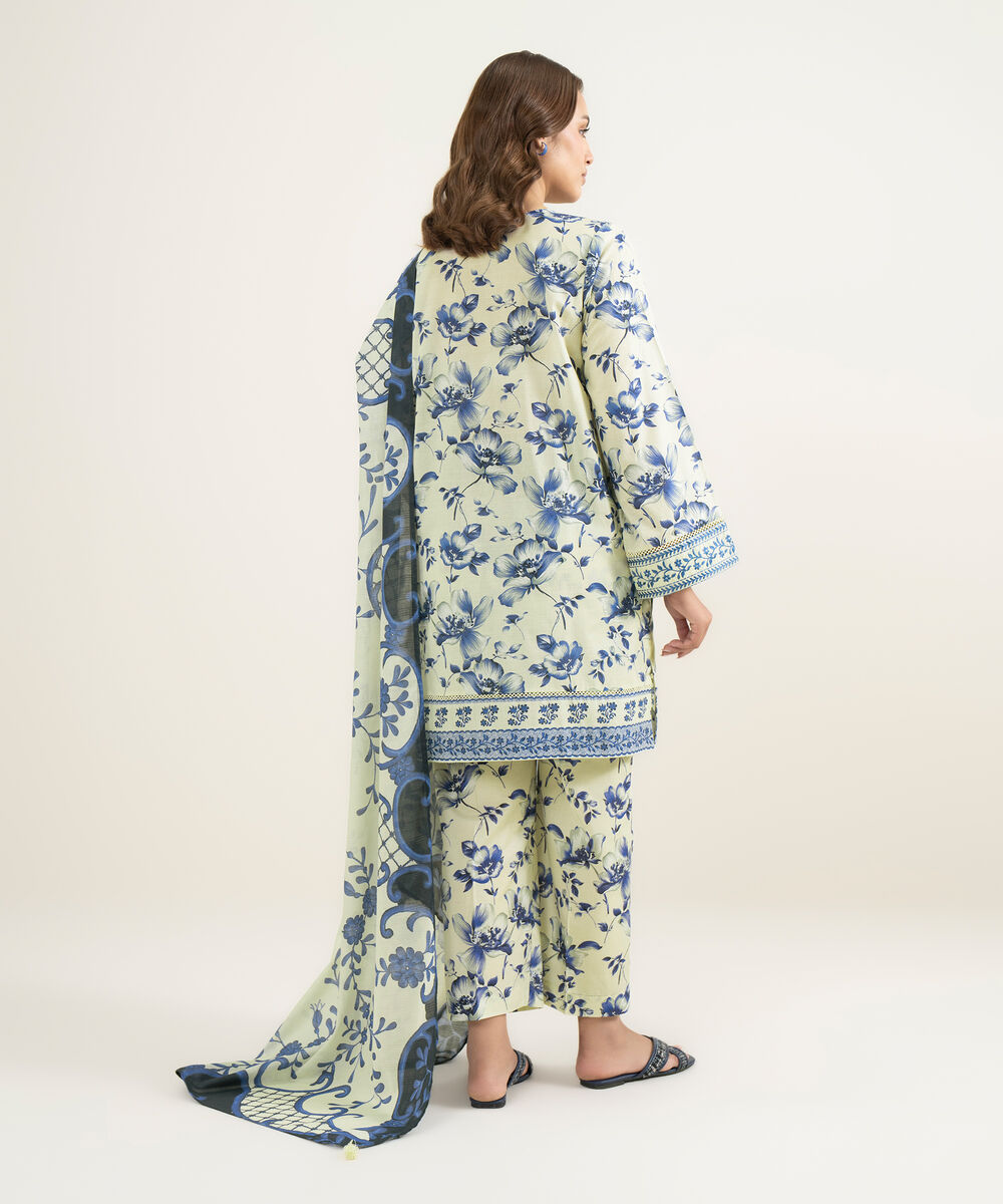 Women's RTW Slub Lawn Embroidered Beige 3 Piece Suit