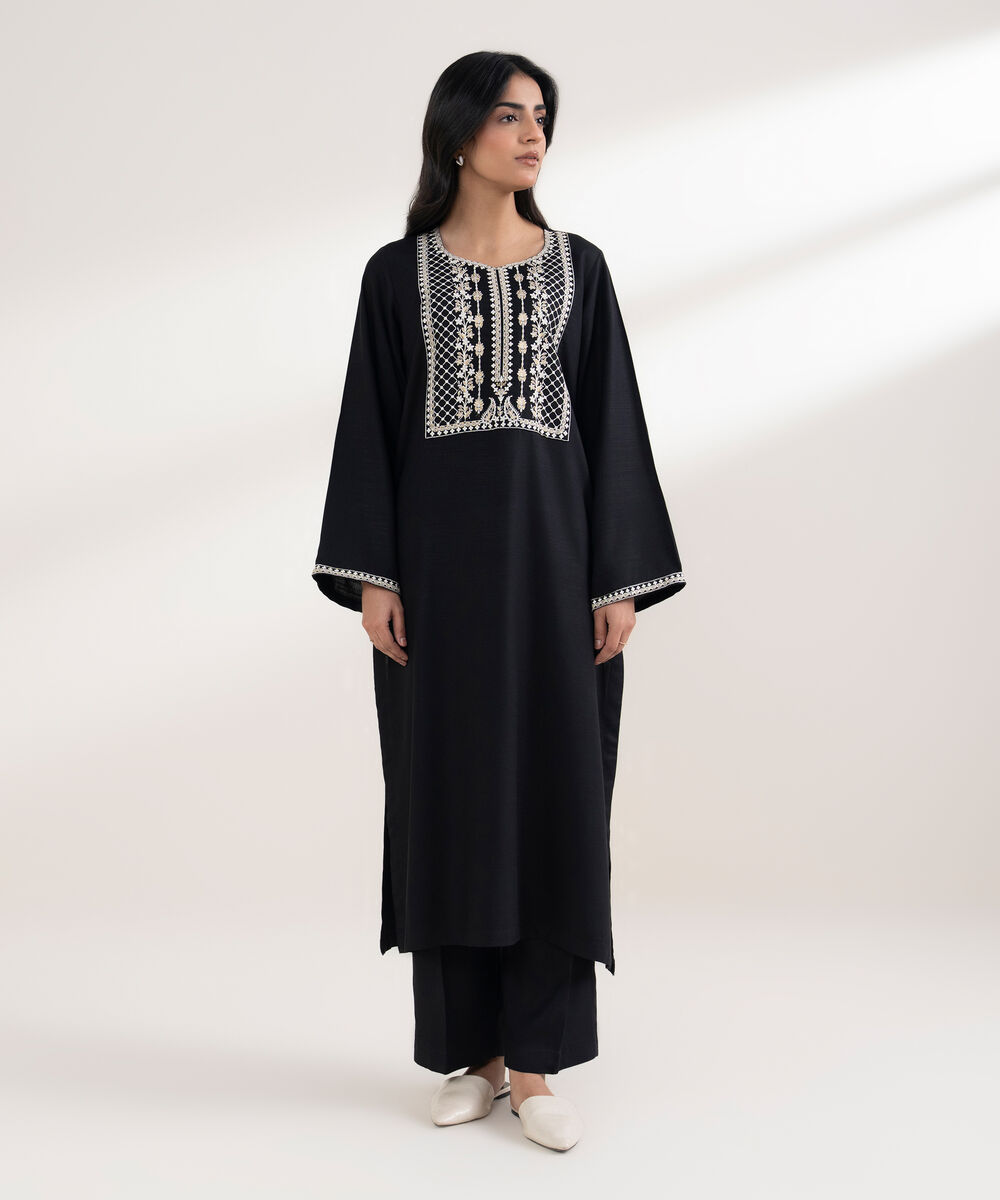 Women's RTW Arabic Khaddar Embroidered Black Straight Shirt