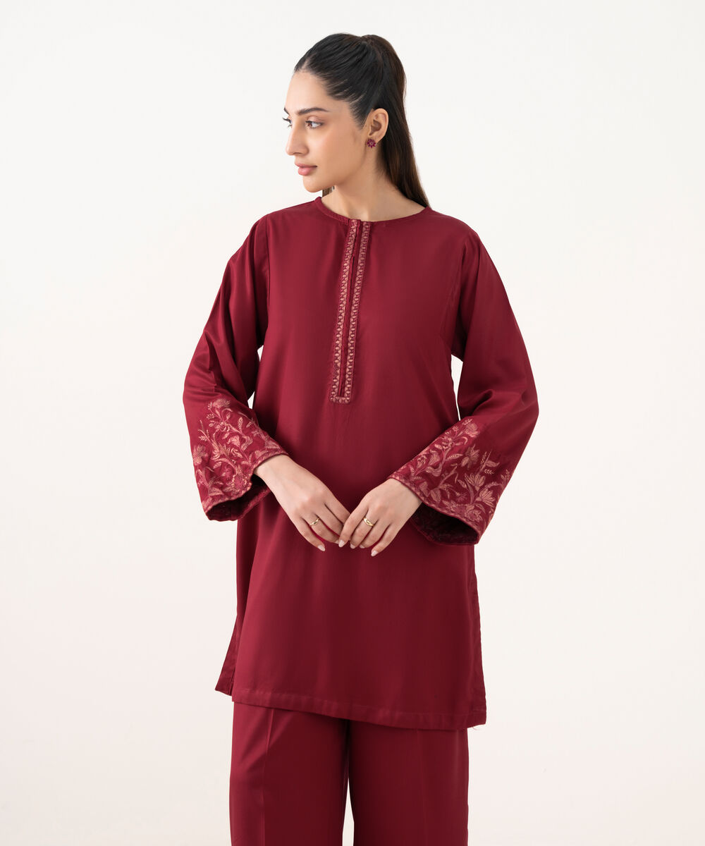 Women's RTW Cambric Maroon Dyed Boxy Shirt