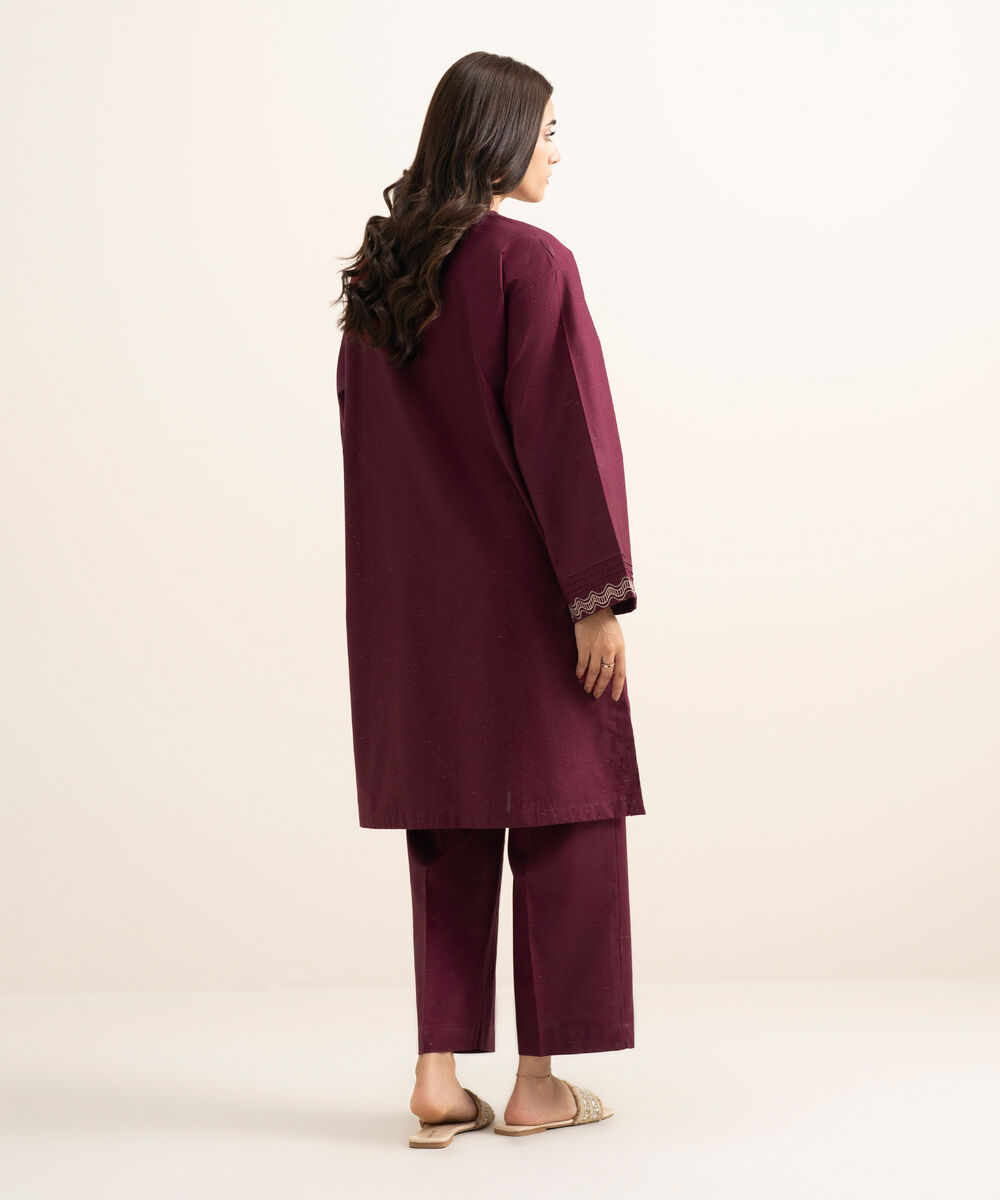 Women's RTW Multi Neps Embroidered Maroon Drop Shoulder Shirt