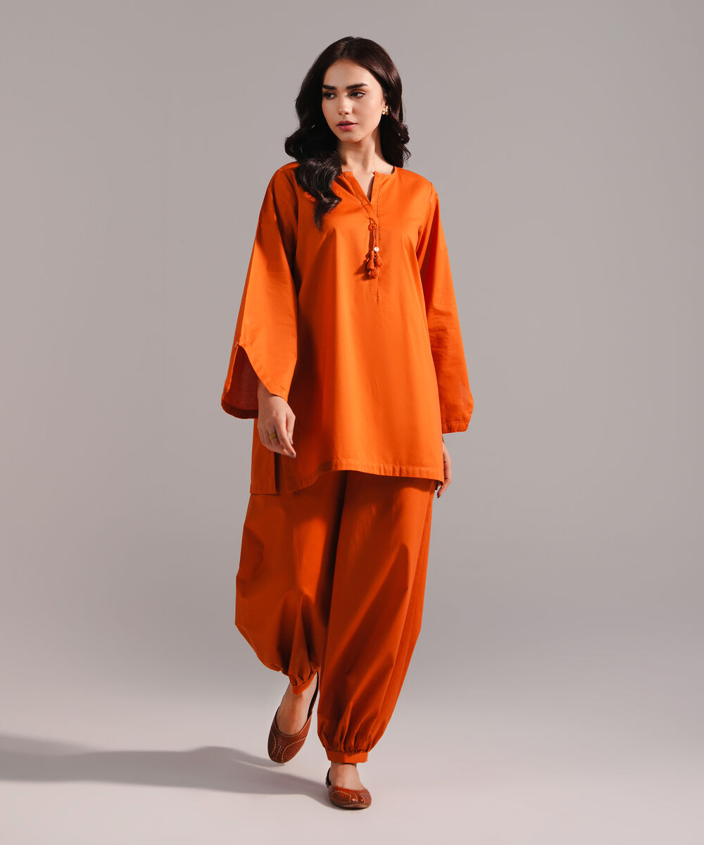 Women's RTW Lawn Solid Orange  Straight Shirt