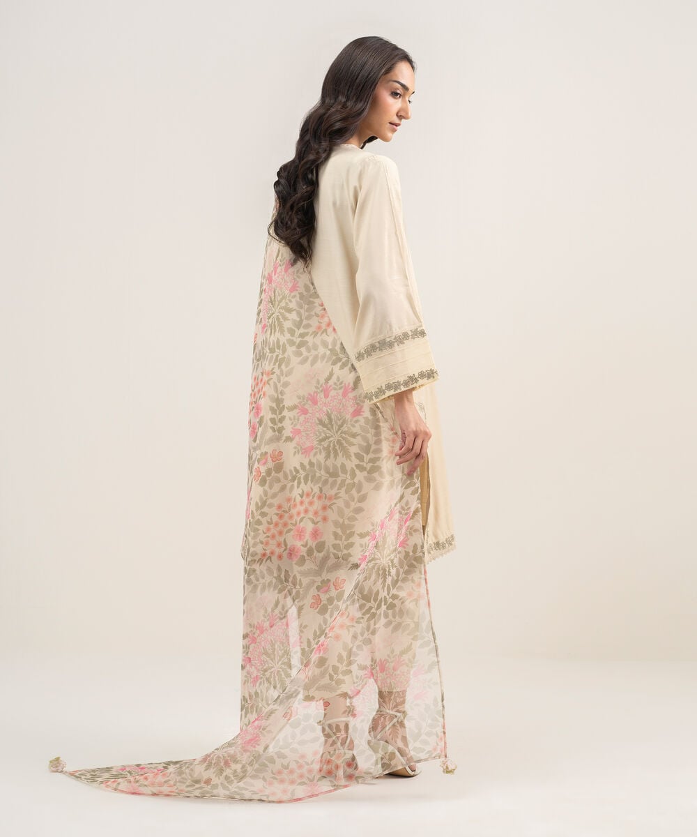 Women's RTW Viscose Raw Silk Embroidered Beige 3 Piece Suit