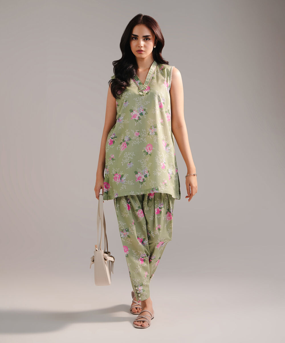 Women's RTW Cambric Printed Green 2 Piece Suit