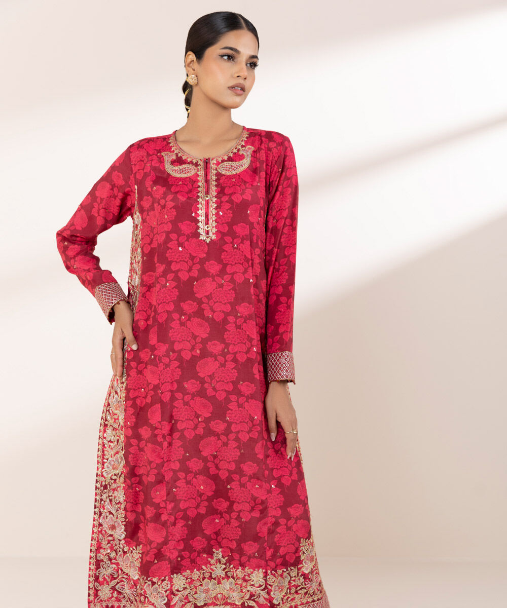 Women's RTW Viscose Raw Silk Pink Embroidered Two Piece Suit