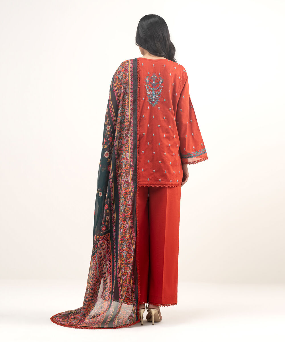 Women's RTW Dobby Embroidered Red 3 Piece Suit