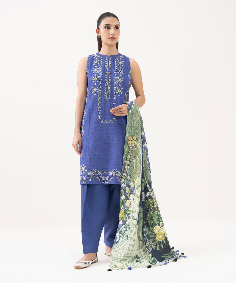 Women's Unstitched Light Khaddar Embroidered Blue  3 Piece Suit