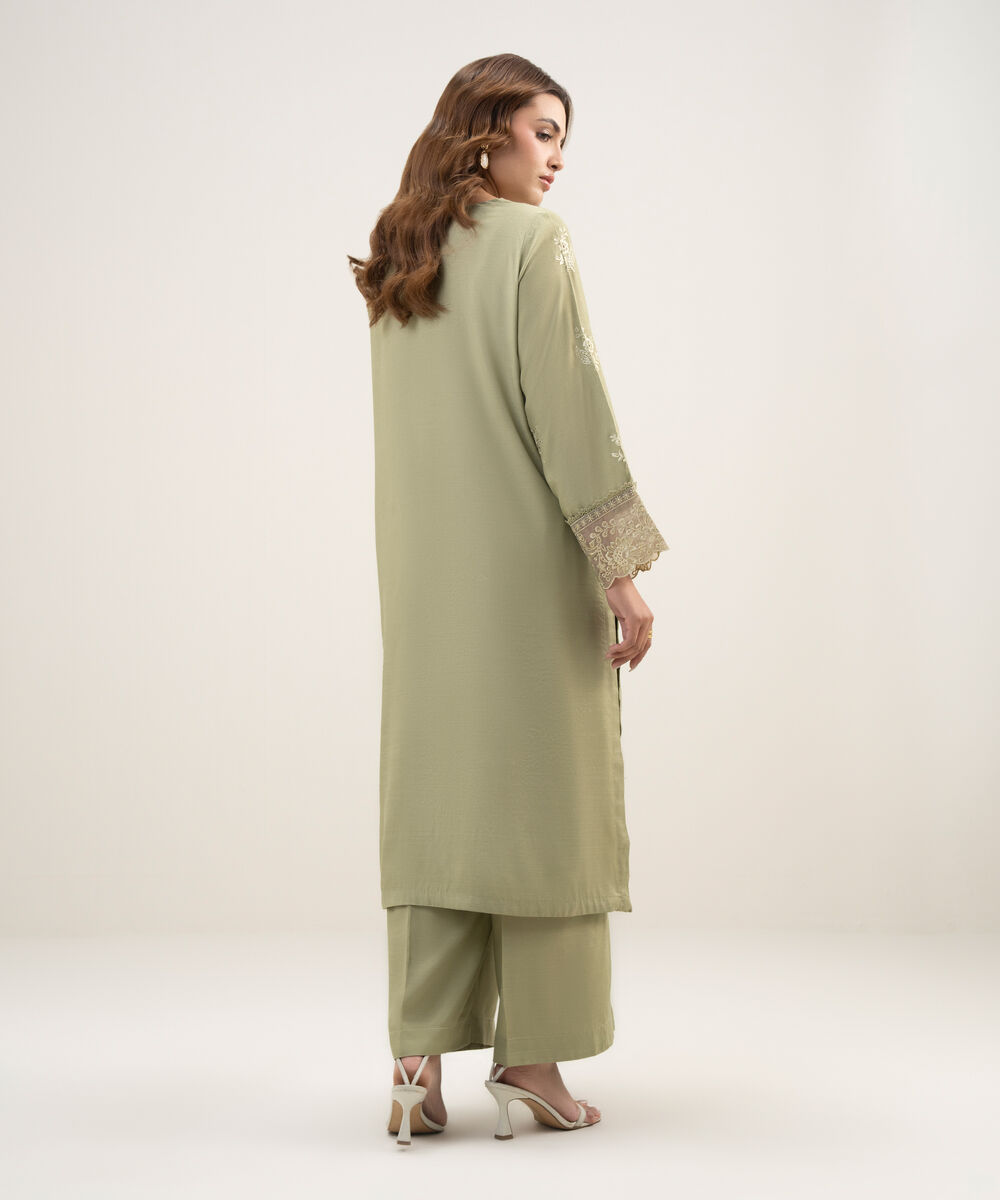 Women's RTW Viscose Raw Silk Embroidered Green 2 Piece Suit