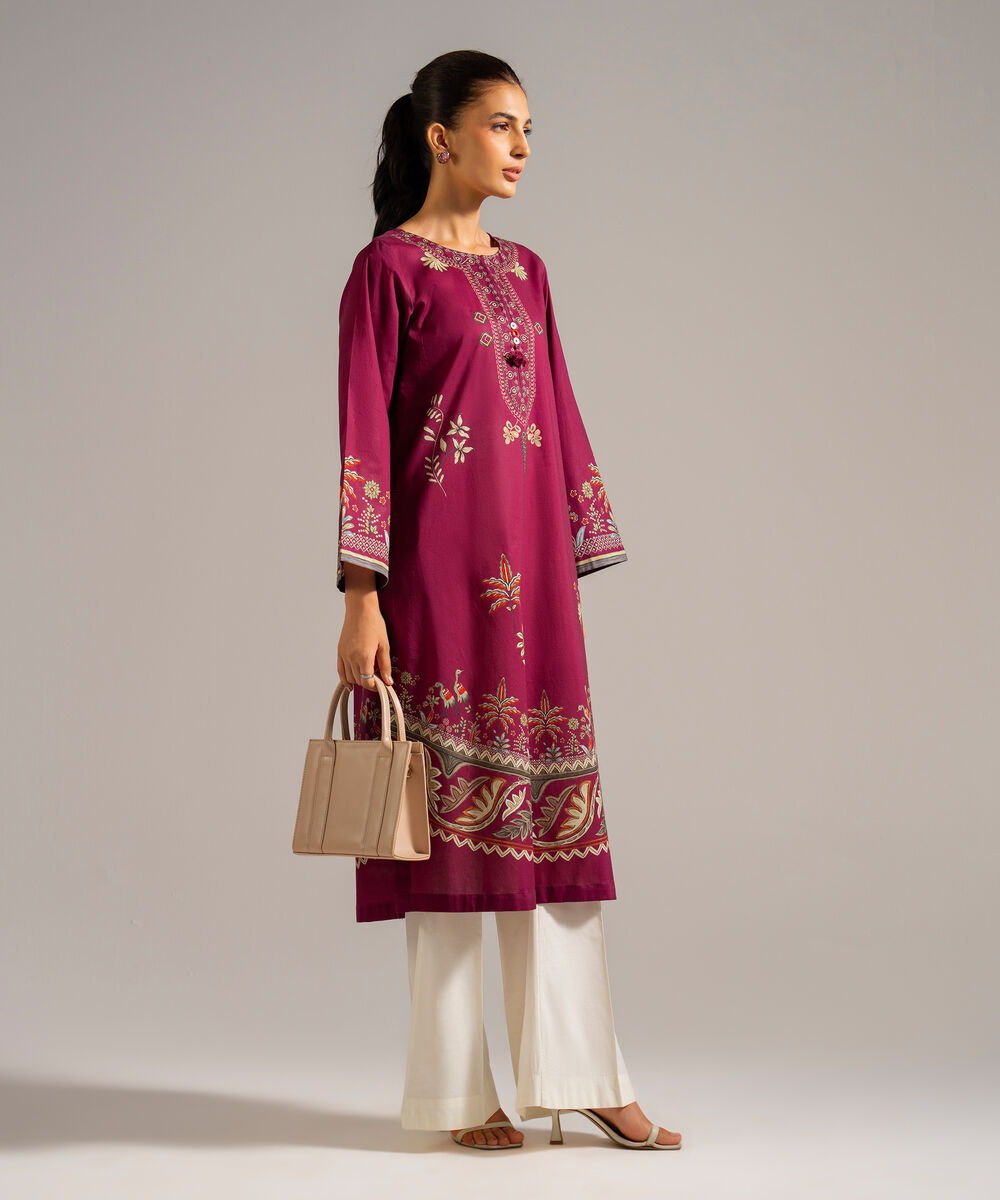 Women's RTW Lawn Printed Purple Straight Shirt