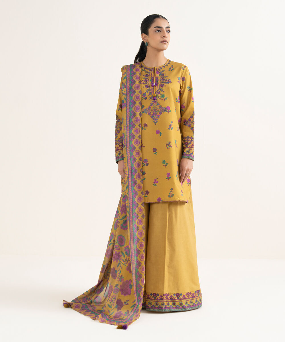 Women's Unstitched Cotton Embroidered Yellow 3 Piece Suit