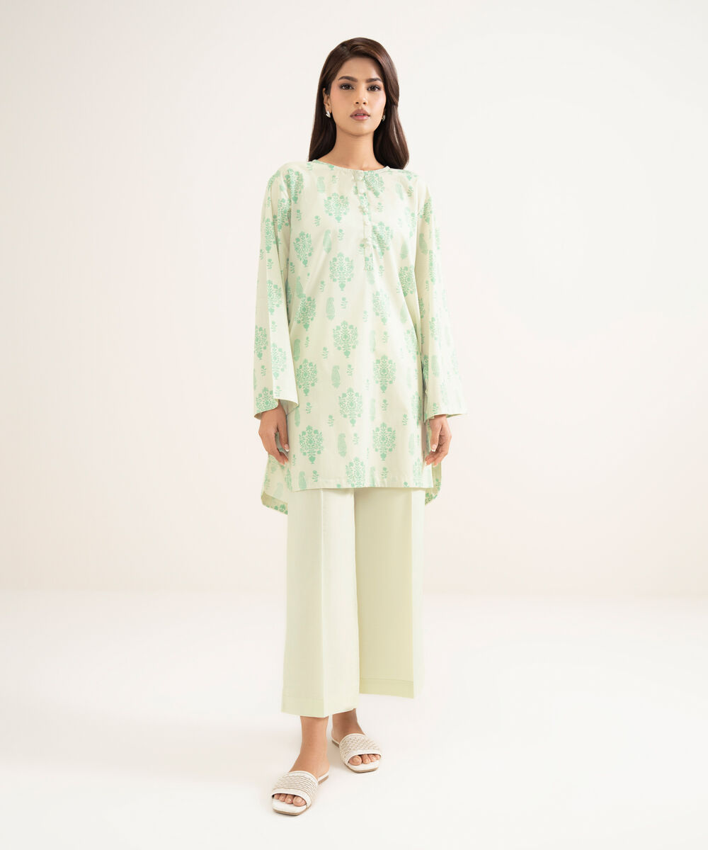 Women's RTW Lawn Printed Green Straight Shirt