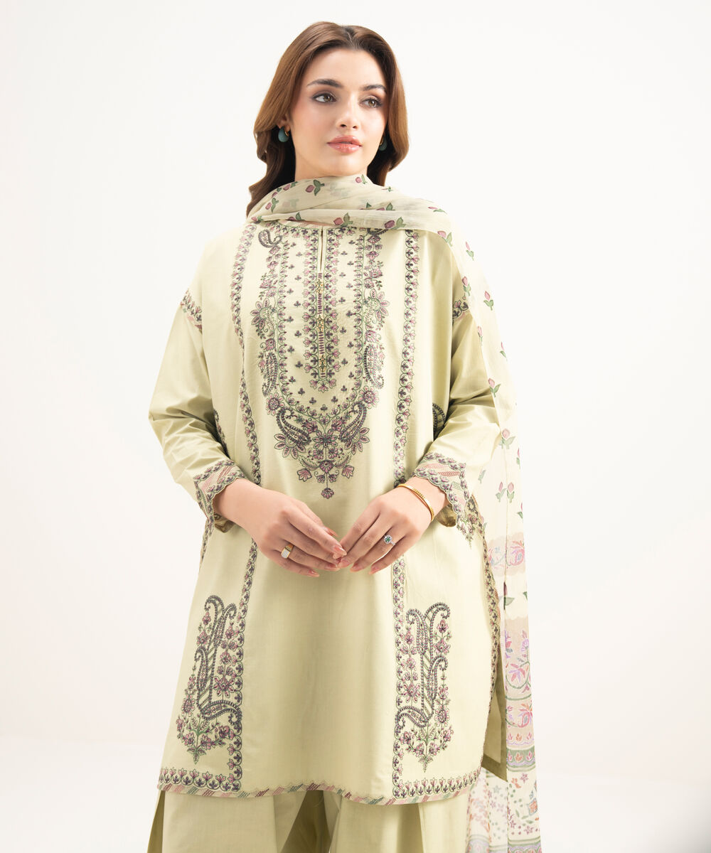 Women's Unstitched Lawn Embroidered Green 3 Piece Suit