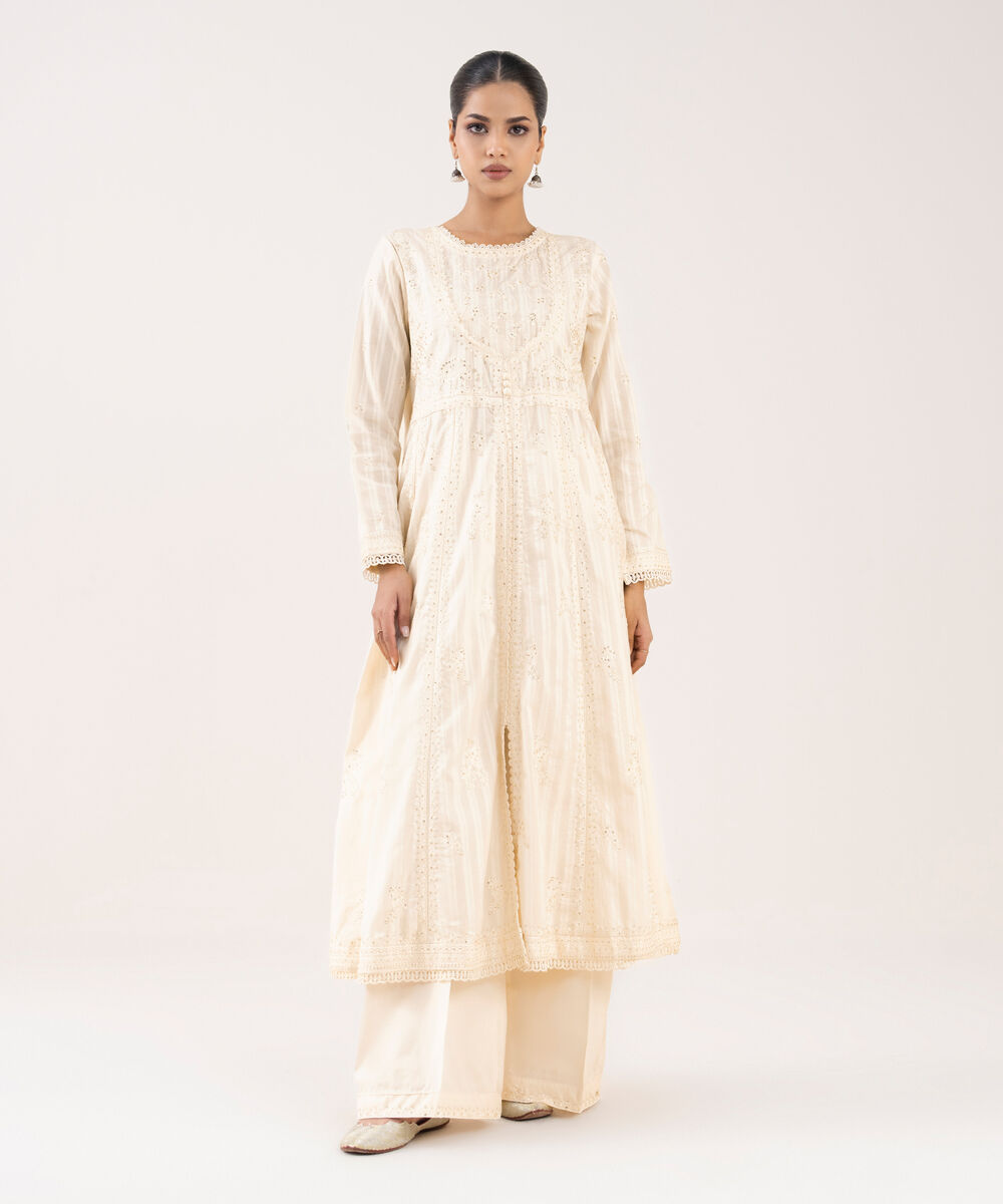 Women's RTW Textured Lawn Off White Embroidered Pishwas