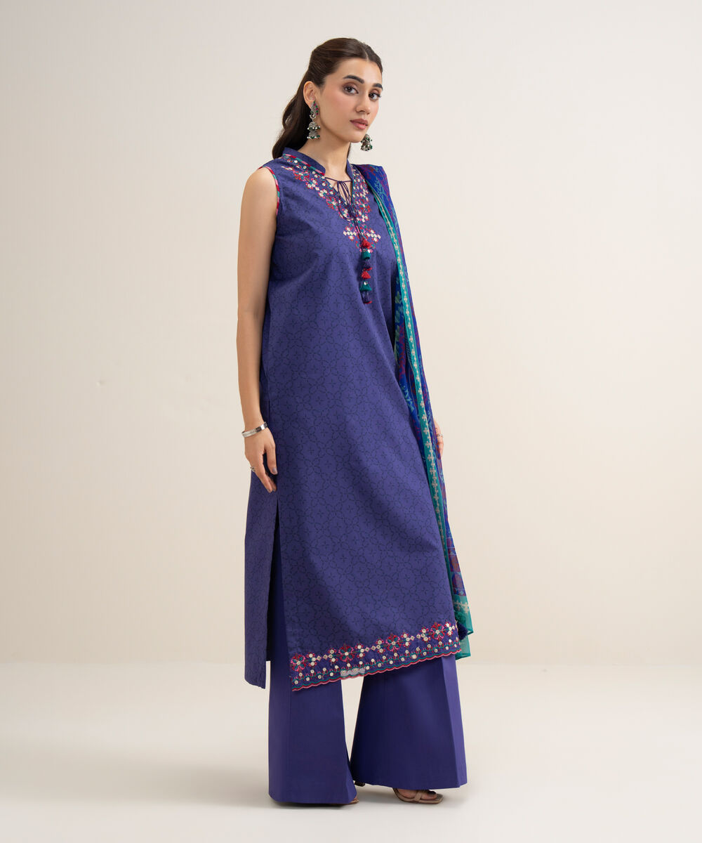 Women's Unstitched Lawn Embroidered Blue 3 Piece Suit