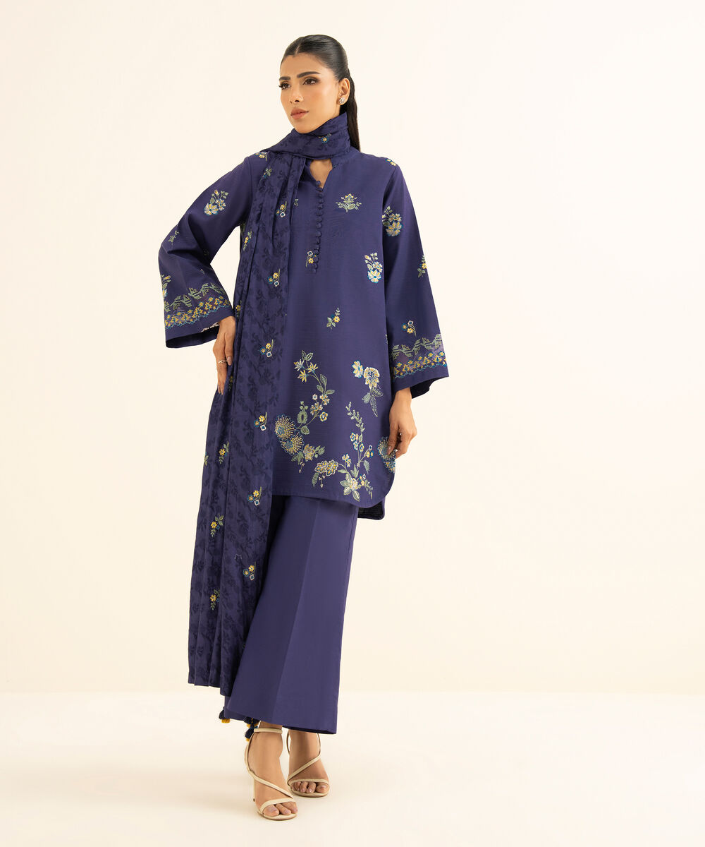 Women's Unstitched Khaddar Embroidered Purple 3 Piece Suit