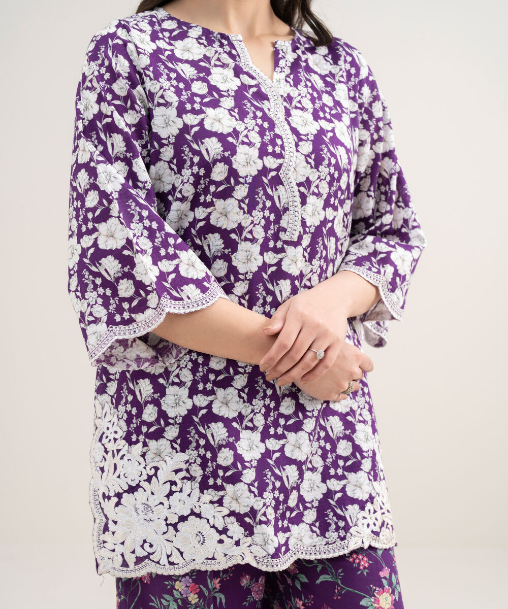 Women's RTW Dobby Embroidered Purple Straight Shirt