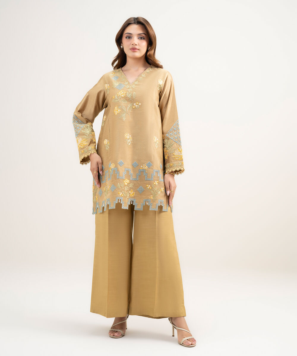 Women's RTW Silk Cotton Net Embroidered Golden 2 Piece Suit