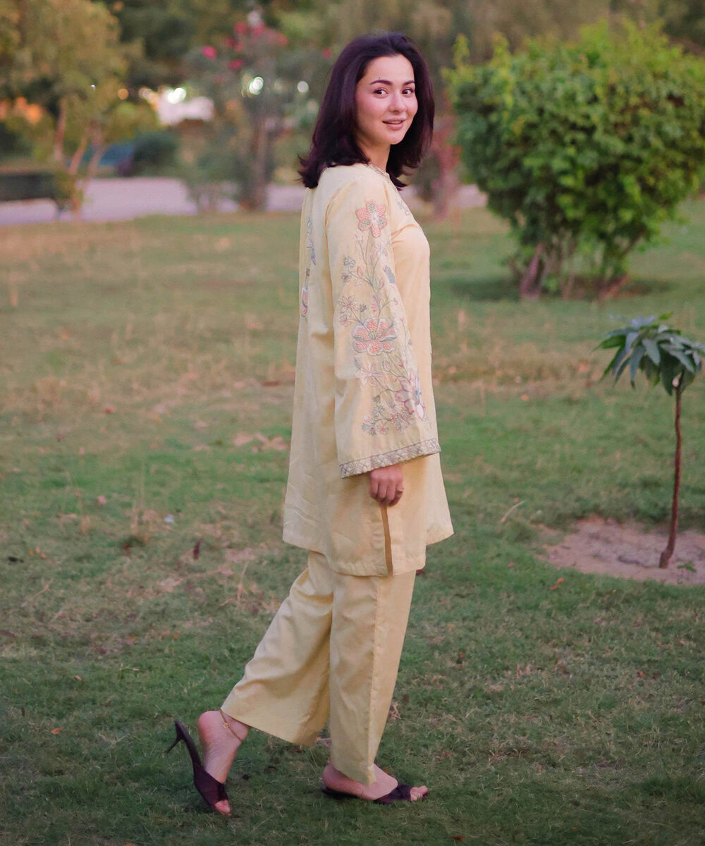 Women's RTW Self Jacquard Leno Embroidered Pale Yellow Straight Shirt