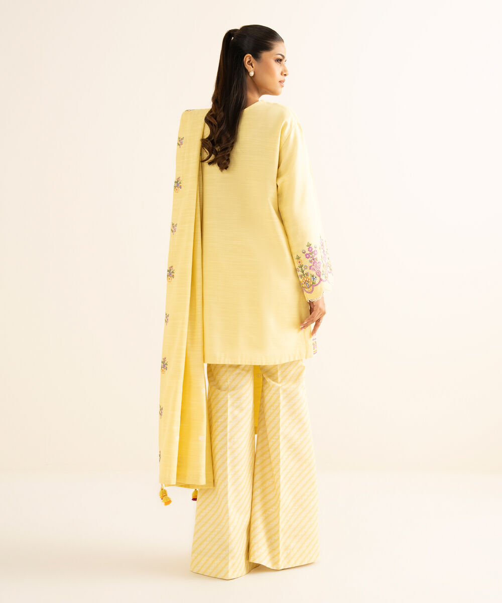 Women's Unstitched Khaddar Embroidered Yellow 3 Piece Suit