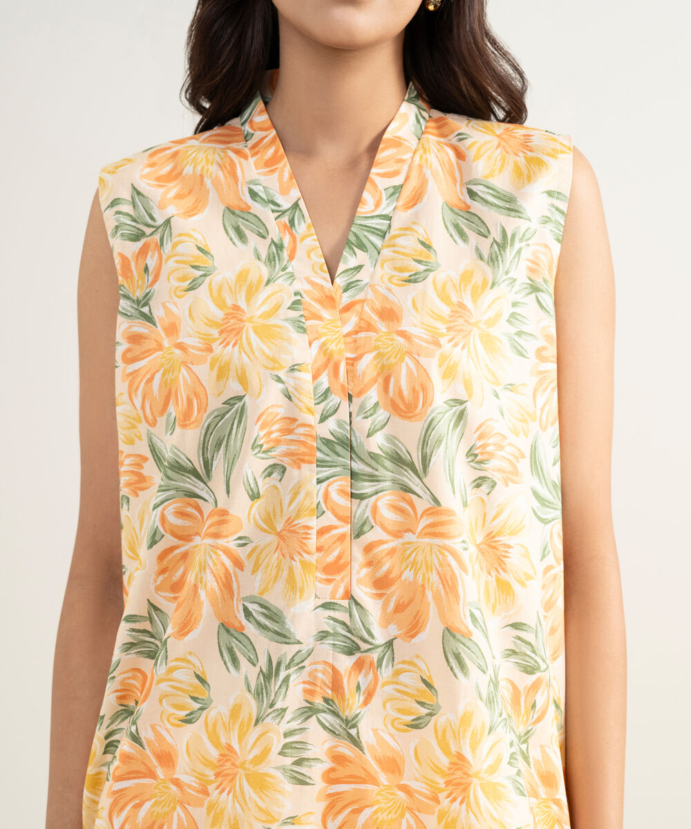 Women's RTW Cambric Printed Orange 3 Piece Suit