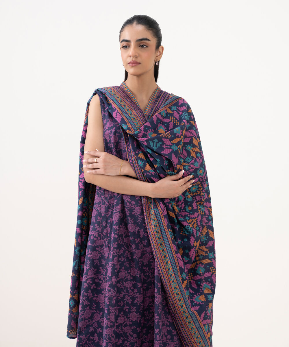 Women's Unstitched Light Khaddar Printed Purple 3 Piece Suit