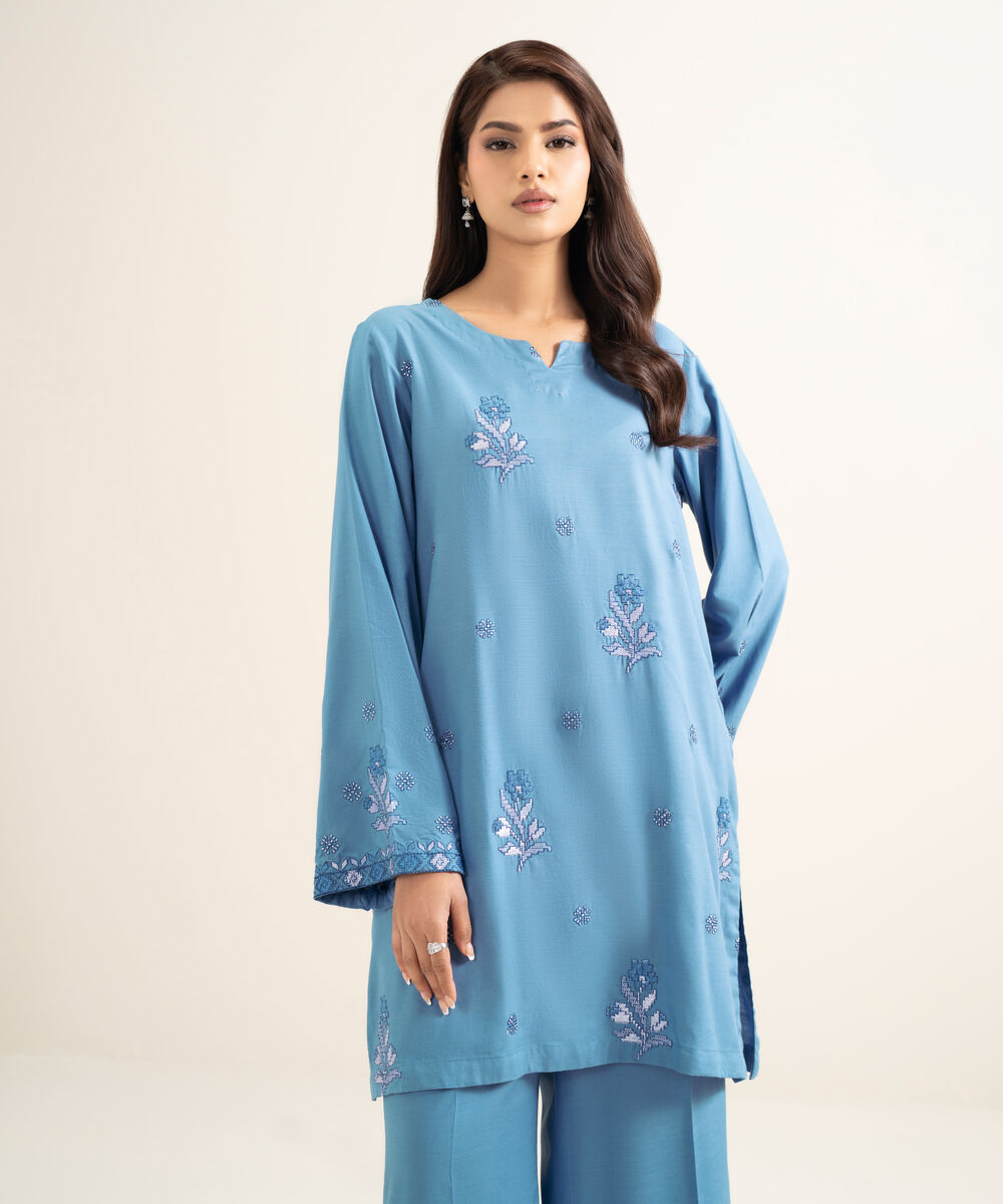 Women's RTW Cotton Viscose Embroidered Blue Straight Shirt
