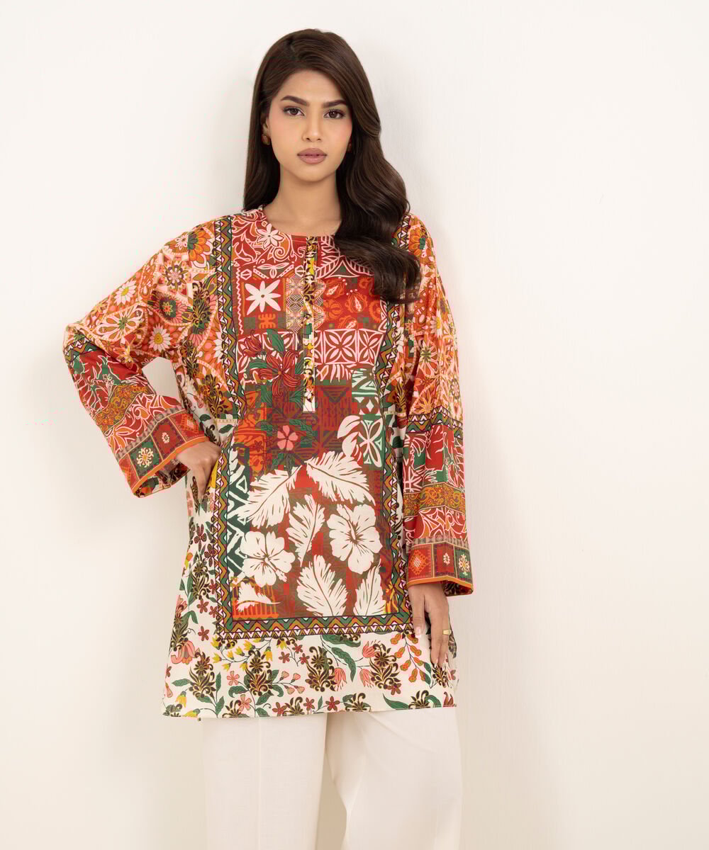 Women's RTW Lawn Printed Orange Straight Shirt