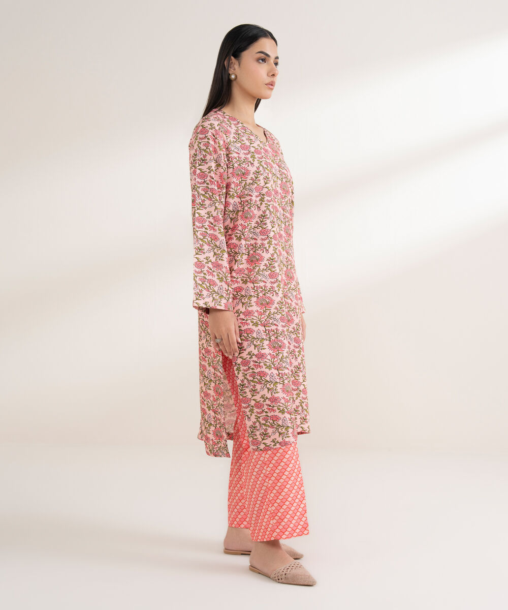 Women's RTW Arabic Khaddar Printed Straight Pink Shirt