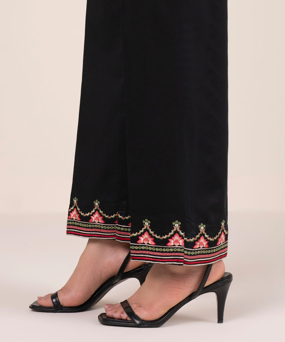 Women's RTW Cambric Embroidered Black Straight Pants
