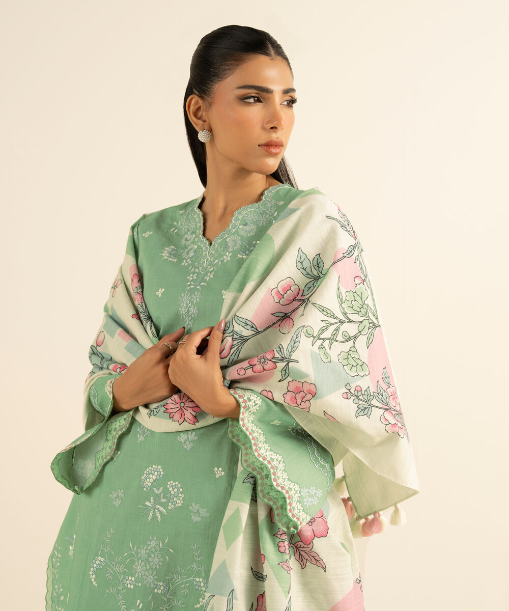 Women's Unstitched Cross Hatch Embroidered Green 3 Piece Suit