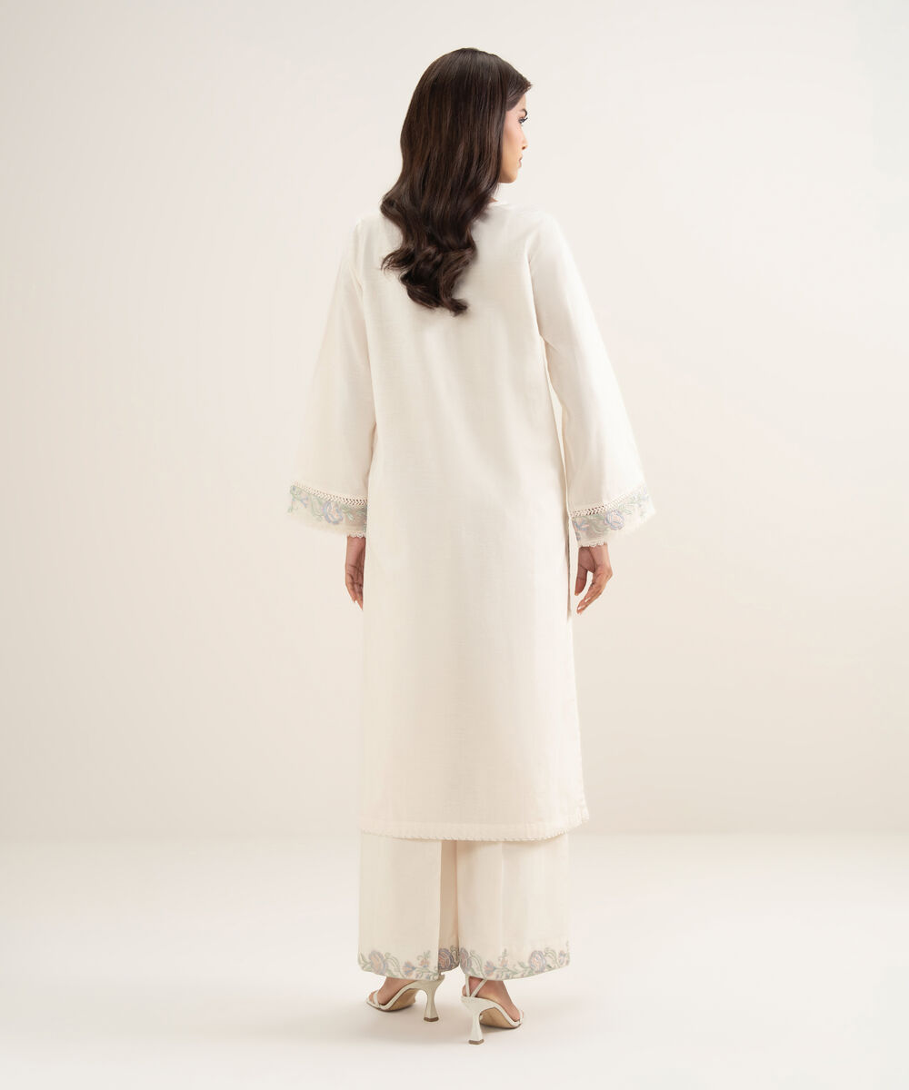 Women's RTW Self Jacquard Embroidered Off White A-Line Shirt