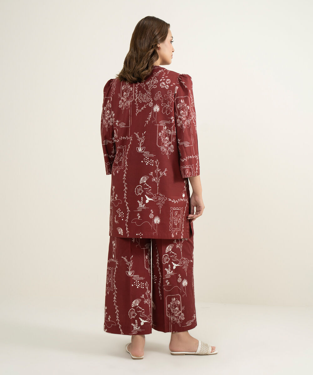 Women's RTW Cotton Viscose Printed Maroon Straight Shirt