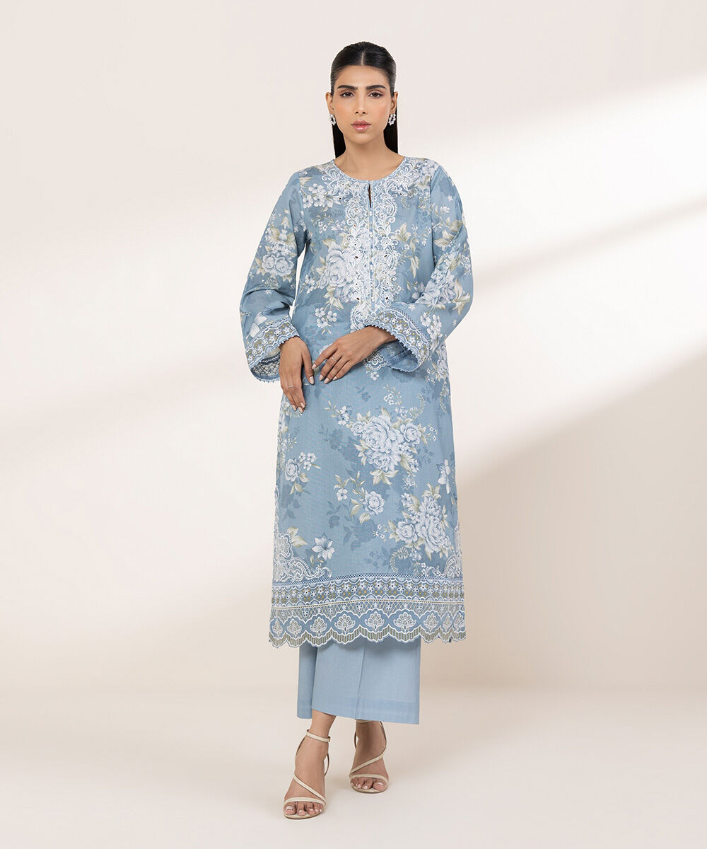 Women's RTW Zari Lawn Blue Embroidered A-Line Shirt