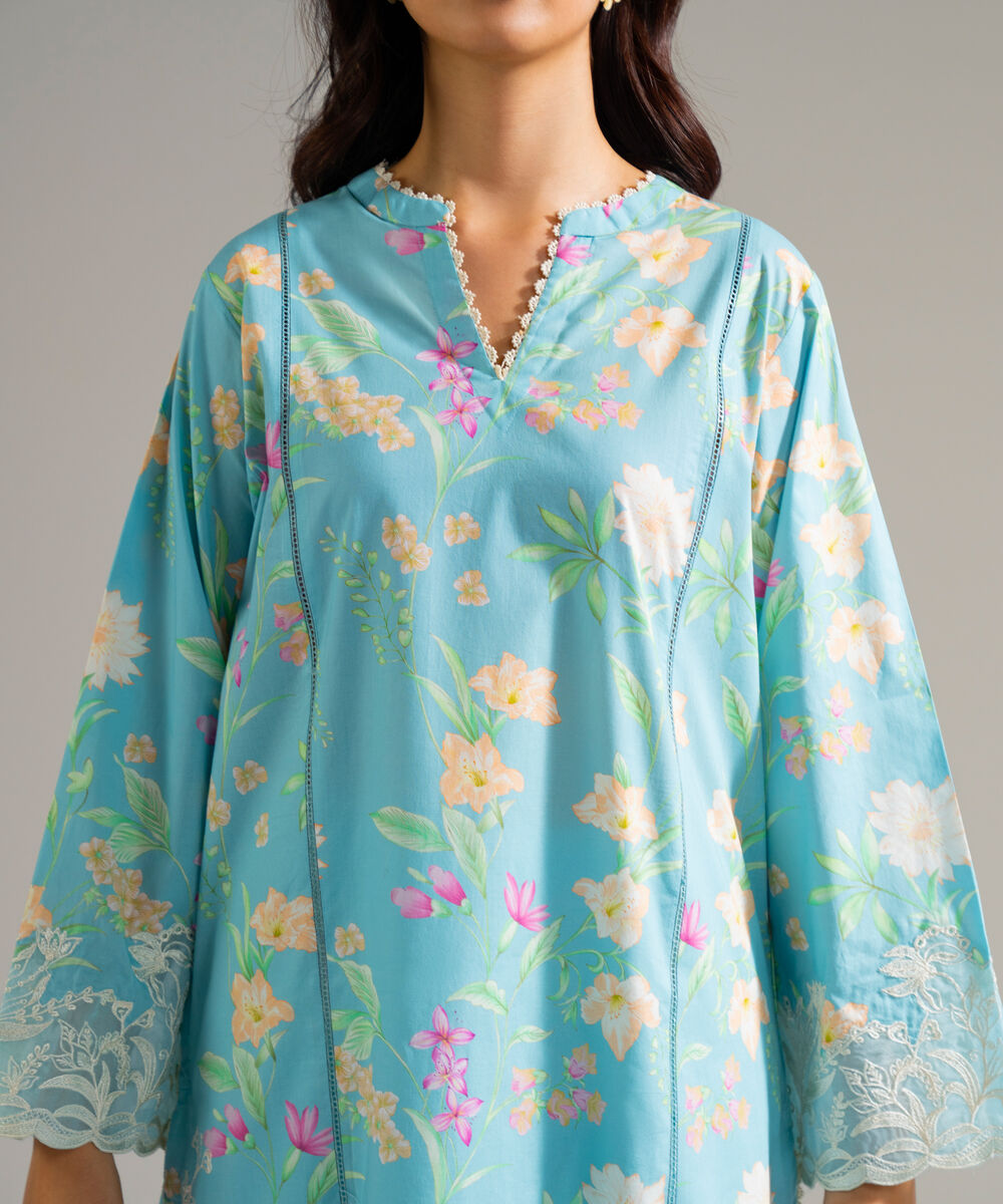 Women's RTW Lawn Embroidered Blue Straight Shirt