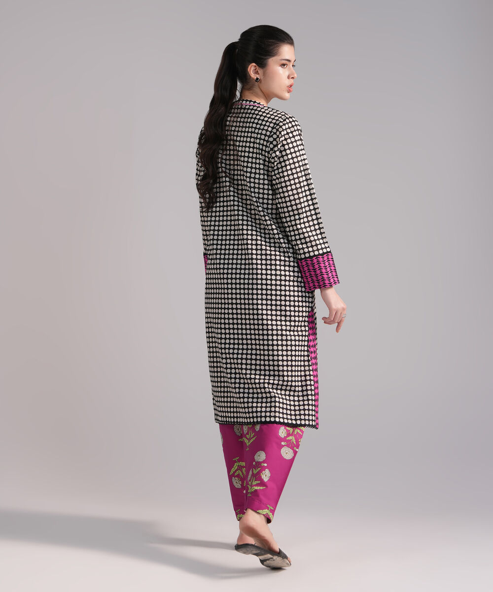 Women's RTW Slub Lawn Printed Black Straight Shirt