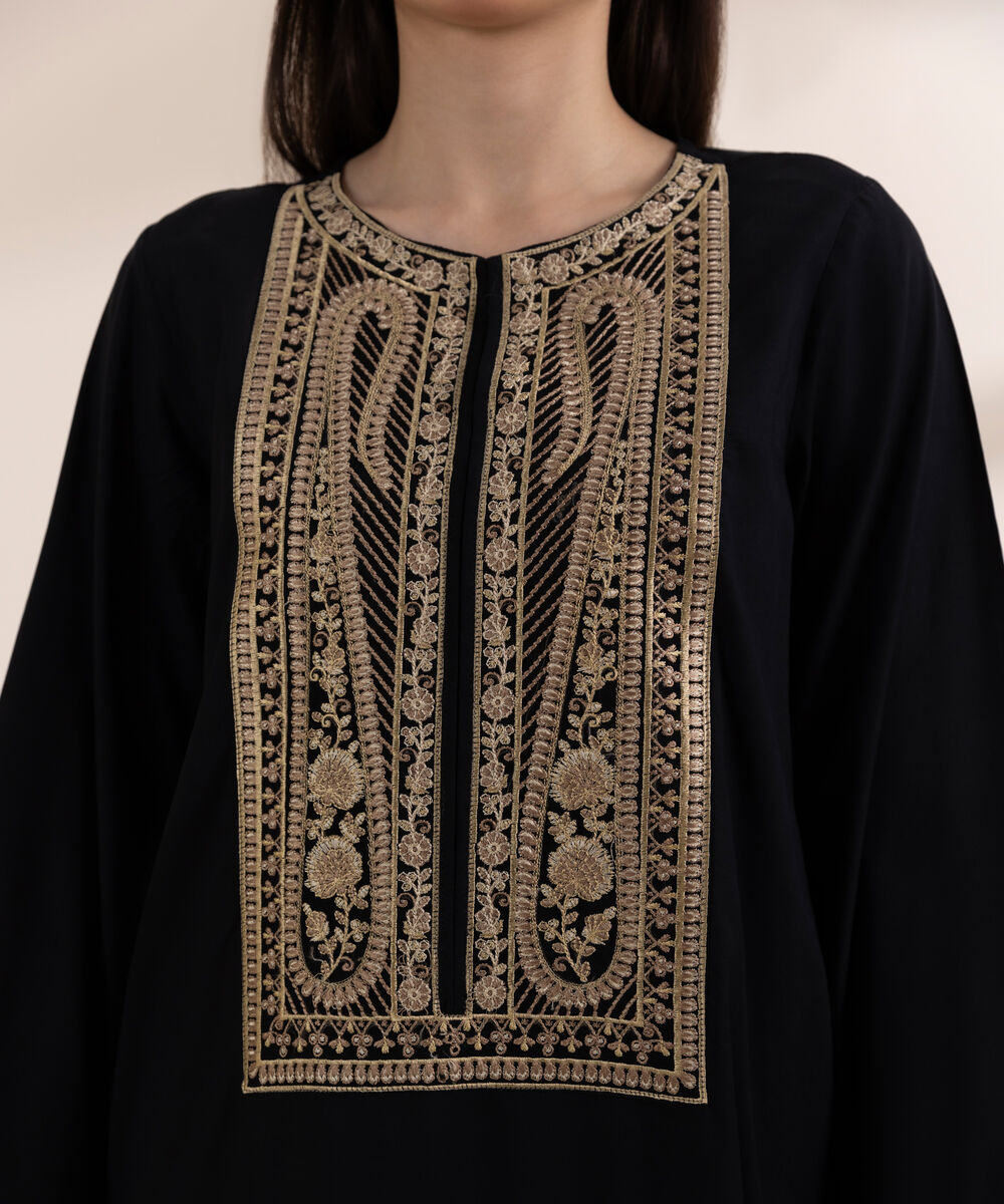 Women's RTW Arabic Lawn Black Embroidered A-Line Shirt