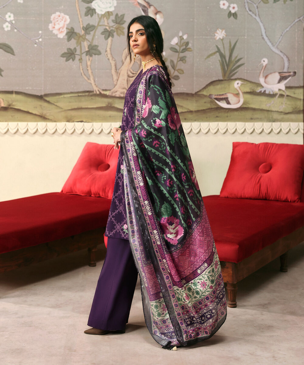 Women's Unstitched Viscose Raw Silk Embroidered Purple 3 Piece Suit
