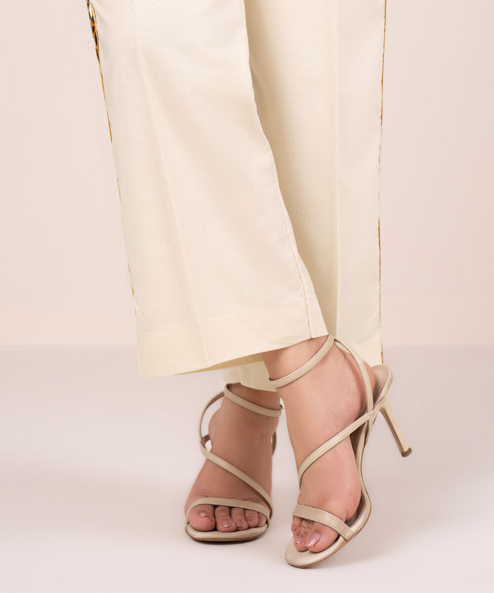Women's RTW Dobby Embroidered Off White Straight Pants