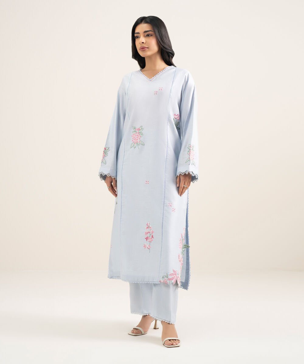 Women's RTW Silk Cotton Net Embroidered Blue 2 Piece Suit