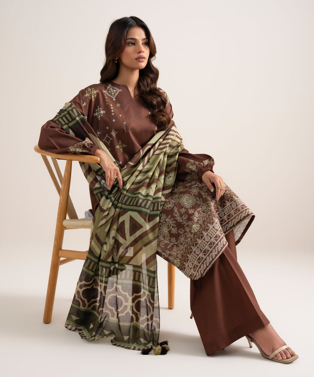 Women's Unstitched Printed Lawn Brown 3 Piece Suit