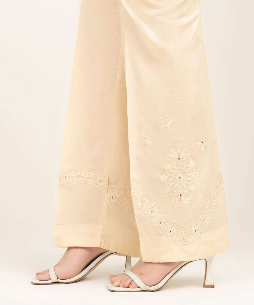 Women's RTW Self Jacquard Embroidered Off White Straight Pants