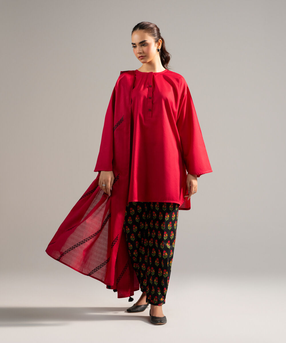 Women's RTW Dobby Solid Red 3 Piece Suit