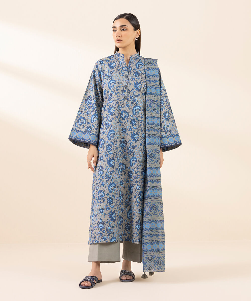 Women's Unstitched Lawn Printed Blue 3 Piece Suit
