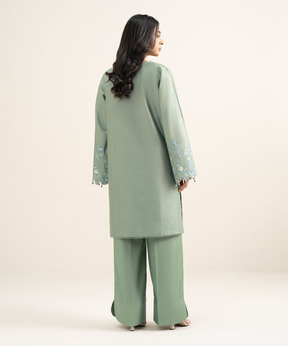 Women's RTW Silk Cotton Net Embroidered Green 2 Piece Suit