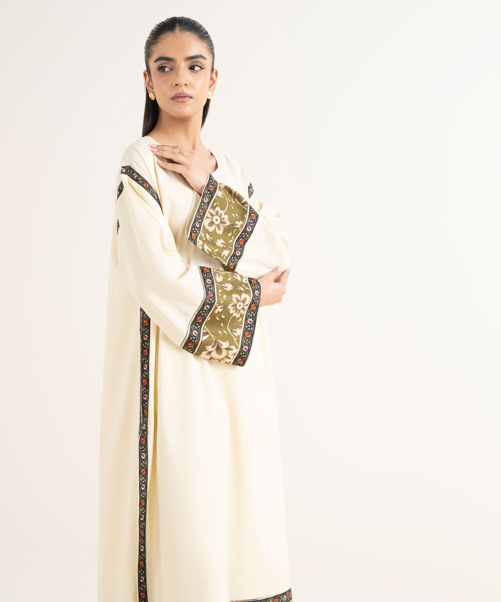 Women's RTW Cotton Viscose Solid Drop Shoulder Off White Shirt